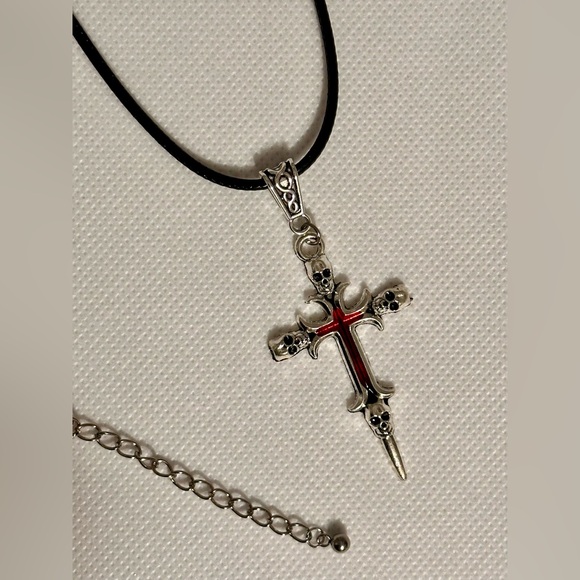 Silver Skull Cross Pendant on a Black Cord Necklace - Picture 5 of 7